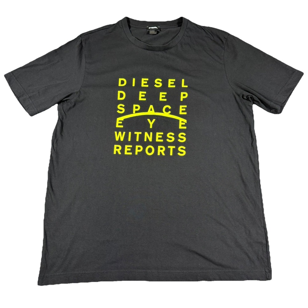 Diesel Men's L Slim T-Shirt Black Deep Space Eye Witness Neon Yellow Graphic Y2K